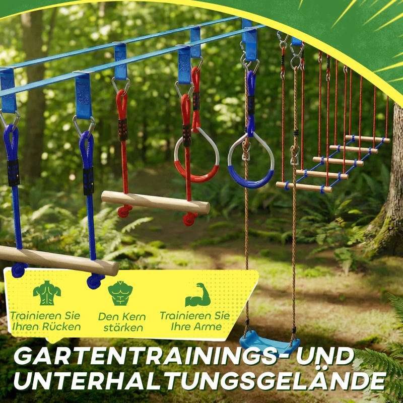 AIYAPLAY Ninja Line Kinderen 24 m Slackline Set met Turnringen en 7 Hindernissen Klimstang Evenwichtsbalk voor Kinderen 3-6 Jaar Rood+Blauw