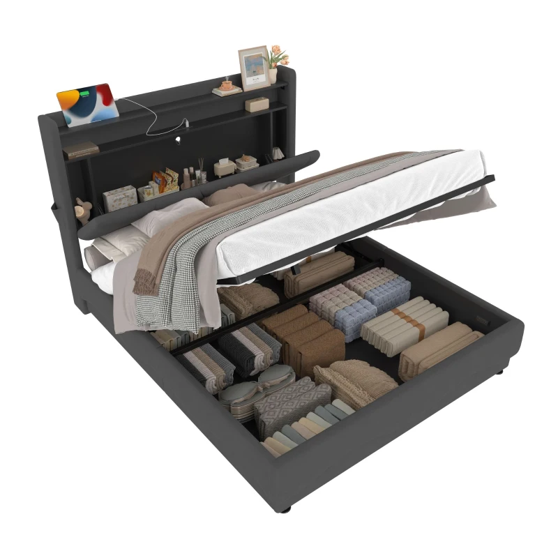 Lit rembourré avec tête de lit LED et rangement, sommier à lattes avec vérins à gaz, sans matelas, 140x200 cm, Gris