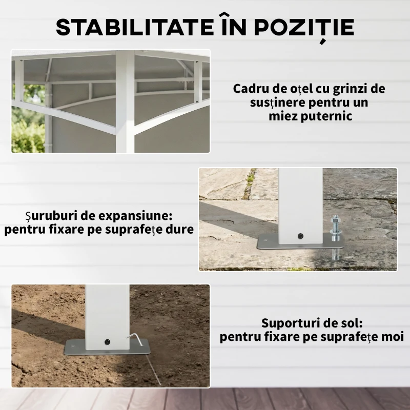 Outsunny Foișor de Grădină 3x3 m cu Corturi, Buzunare pentru Depozitare și Cârlig la Tavan, Foișor din Metal cu Acoperiș Dublu, Orificii de Drenaj, UV30+, Crem