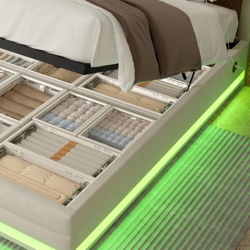 Lit rembourré en velours avec tête de lit réglable en hauteur, éclairage LED et système de levage hydraulique, sans matelas, 160x200 cm, Beige