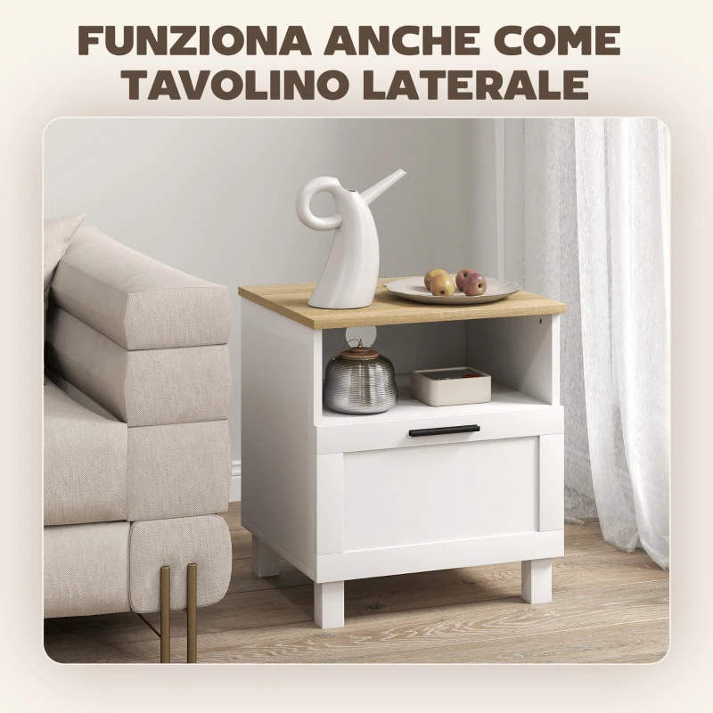 HOMCOM Comodino Moderno con Cassetto e Ripiano in Legno, 45x38x50 cm, Bianco e color Legno