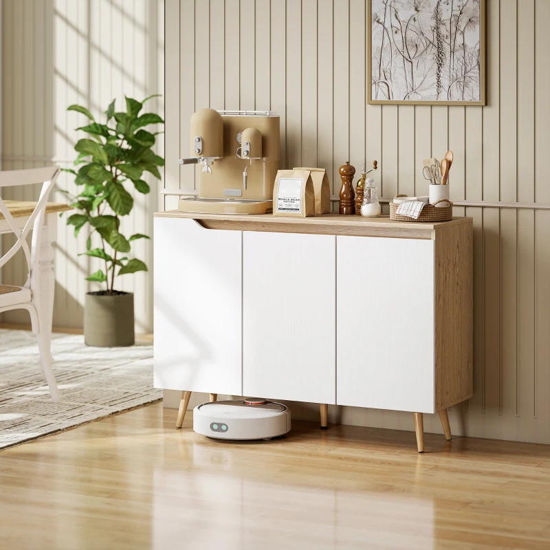 HOMCOM Buffet salon, meuble de rangement, 3 portes, étagères réglables et pieds en bois d'hévéa, 107x35x76,5cm, blanc et chêne