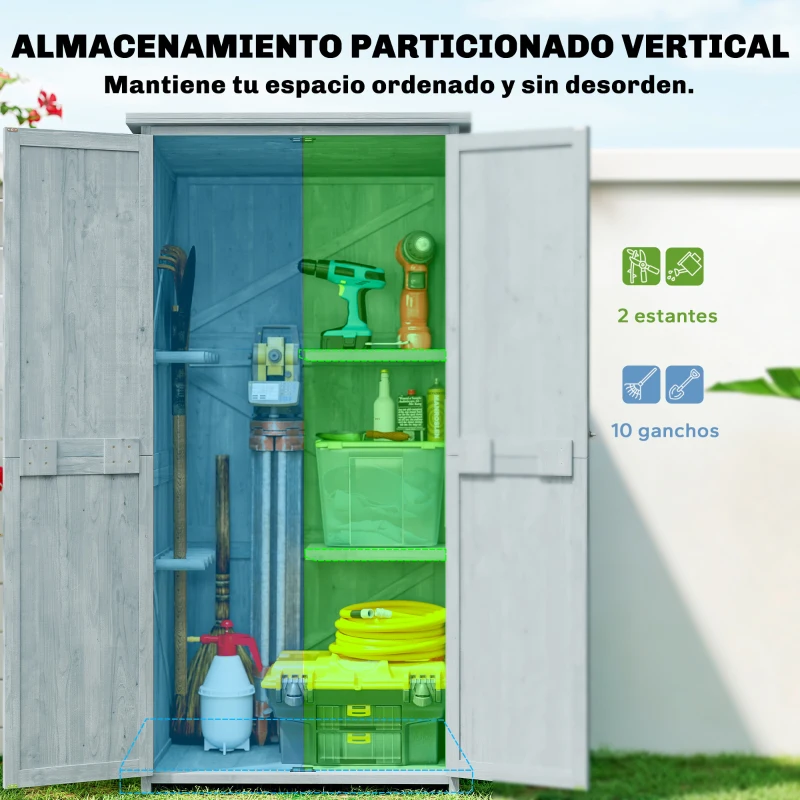 Outsunny Armario de Exterior de Madera con Techo Inclinado Asfalto 2 Puertas con Pestillo Estante y Ganchos 85x54x170 cm Gris