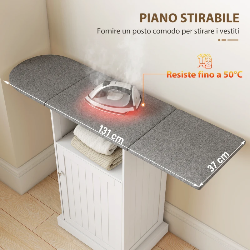 HOMCOM Mobile Asse da Stiro Pieghevole a Rotelle con Ripiano Aperto e Armadietto, 121x37x89 cm, Bianco e Grigio