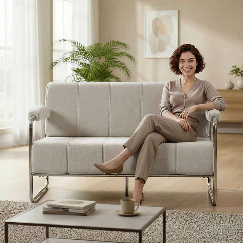 HOMCOM Divano 2 Posti Moderno Rivestito in Ciniglia Beige, in Acciaio, Spugna e Pannello Multistrato, 120x73x76 cm