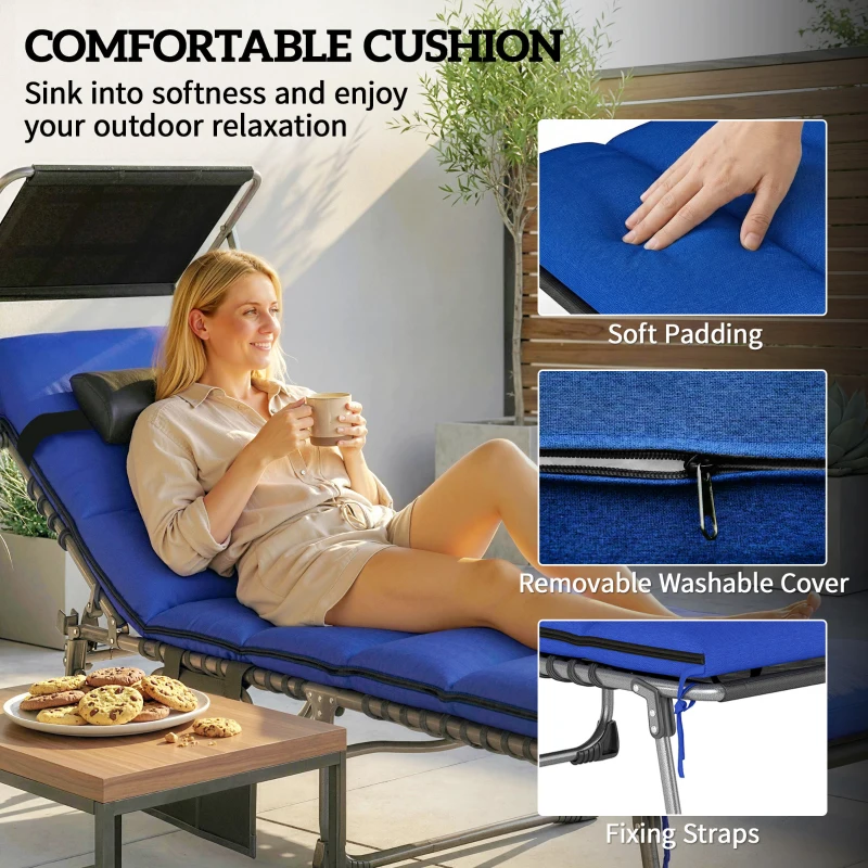 Outsunny Folding Sun Loungers Set of 2 with Canopy, Reclining Sunbed with Cushion, Side Pocket, Carrying Handle, Dark Blue