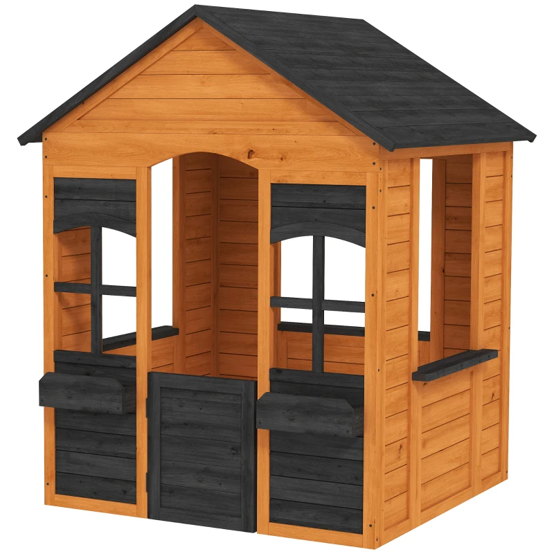 AIYAPLAY Cabane enfant extérieur en bois, maison enfant extérieure, demi-porte, fenêtres, bacs à fleurs, 3-8 ans, marron clair