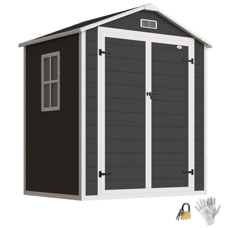Outsunny 6'x4.5' Garden Storage Shed, Lockable Garden Shed with Double Doors, Window, Vent and Plastic Roof, Black