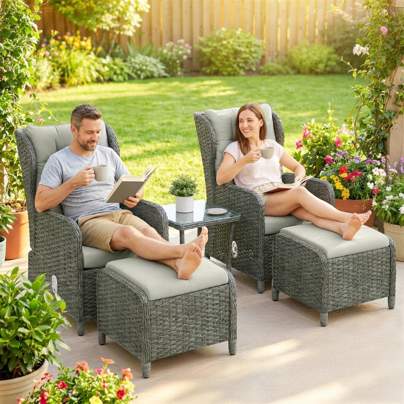 Outsunny 5 Piece Garden Furniture Set, Rattan Reclining Garden Chair Set of 2 with Footstool and Cushion for Balcony, Cream