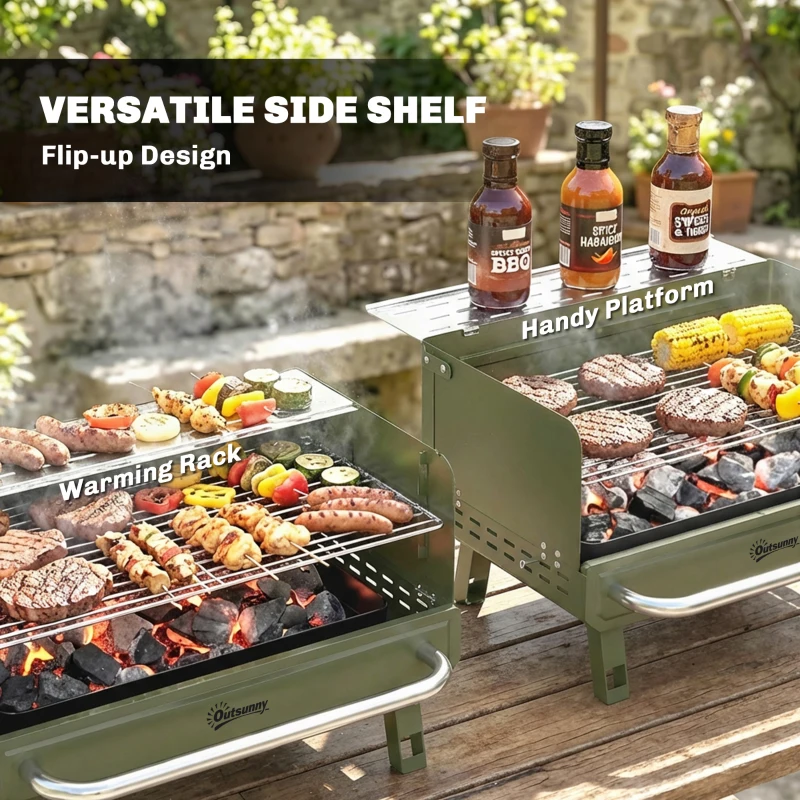 Outsunny Portable BBQ Grill, Charcoal Barbecue Grill with Adjustable Grates, Foldable Legs, Side Shelf for Camping Travel, Green