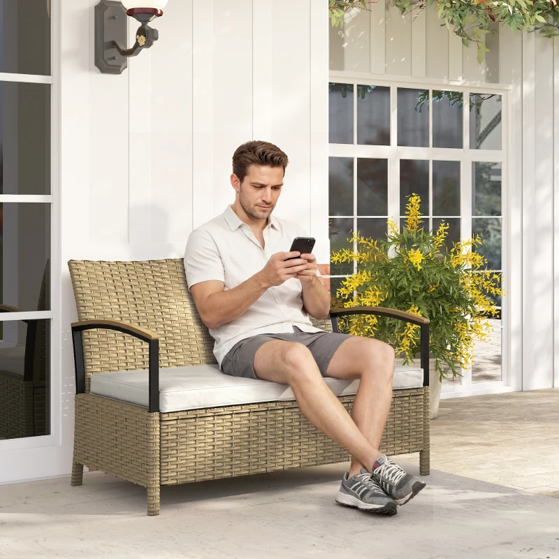 Outsunny Banco de Armazenamento de Jardim em Resina Trançada Baú Exterior 125L com Estrutura de Aço Estável 123x70x82cm Caqui