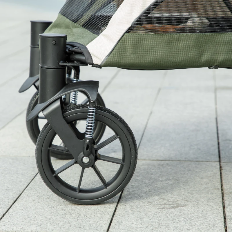 PawHut Foldable Pet Stroller for Large Dogs with Four Big Wheels, Shock-Absorbing Frame, Safety Leashes, Brakes, Dark Green