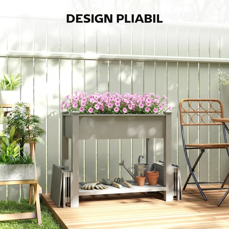 Outsunny Strat Înălțat pentru Grădină, Jardinieră cu Raft, 149x46x76cm, Gri