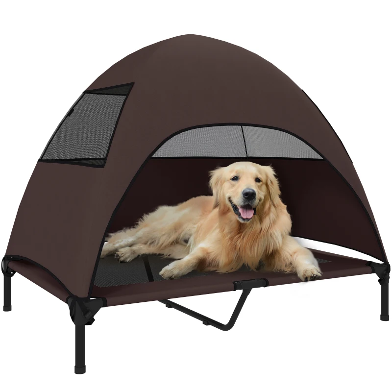 PawHut Elevated Dog Bed with Removable Canopy, Pet Bed with Storage Bag for Indoor Outdoor, for Large Dogs, 106 x 76 x 99 cm, Coffee
