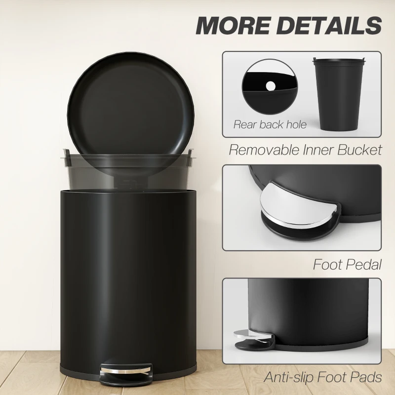 HOMCOM 20-Litrowy Kosz Kuchenny, Odporny na Odciski Palców Metalowy Kosz z Pokrywką Soft-Close, Pedałem Nożnym i Wyjmowanym Wkładem, Czarny