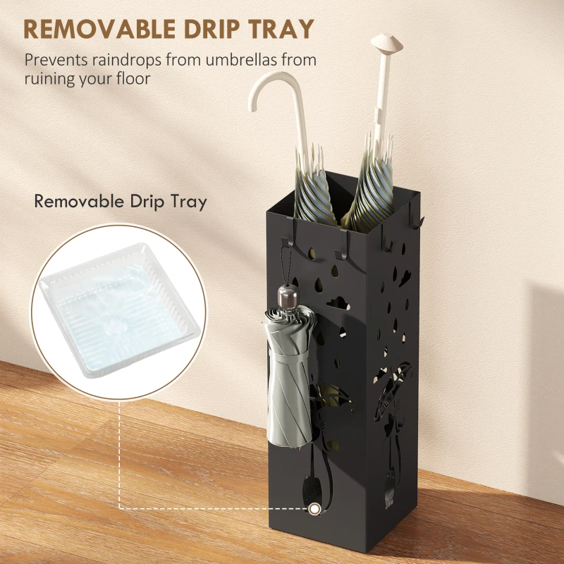 HOMCOM Suport de Umbrele Pătrat din Metal pentru Intrare, Suport Autoportant cu Tavă Detașabilă și 4 Cârlige, pentru Interior și Exterior, 15.5x15.5x49 cm, Negru