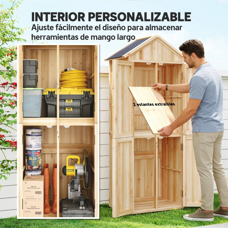 Outsunny Armario de Exterior de Madera con Techo Inclinado Asfalto 4 Puertas y 2 Estantes Extraíbles 82x50x190 cm Natural