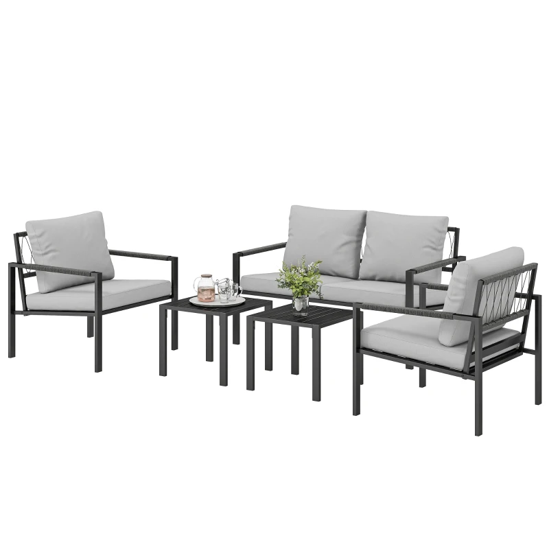 Outsunny Ensemble de jardin 4 personnes résistant aux intempéries - ensemble balcon avec canapé 2 places, fauteuils, coussins, table d'appoint Gris clair
