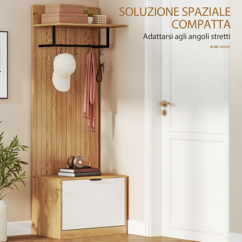 HOMCOM Mobile da Ingresso con Panca Scarpiera e Appendiabiti con 4 Ganci, 60x30x170 cm, Rovere e Bianco