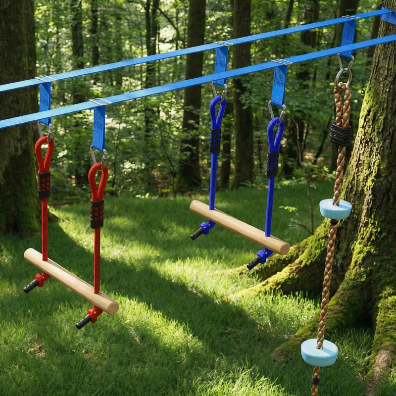 AIYAPLAY Ninja Line Kinderen 24 m Slackline Set met Turnringen en 7 Hindernissen Klimstang Evenwichtsbalk voor Kinderen 3-6 Jaar Rood+Blauw