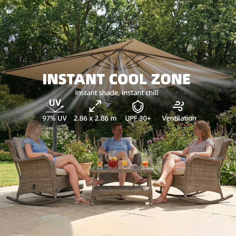 Outsunny 3 x 3 m Garden Cantilever Parasol with Light, Cover, Overhanging Umbrella w/ Wind Protection, 360° Rotation, Khaki