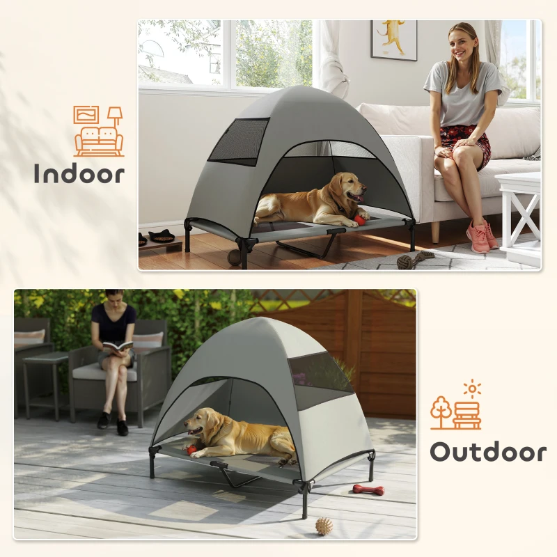 PawHut Elevated Dog Bed with Removable Canopy, Pet Bed with Storage Bag for Indoor Outdoor, for Large Dogs, 106 x 76 x 99 cm, Light Grey