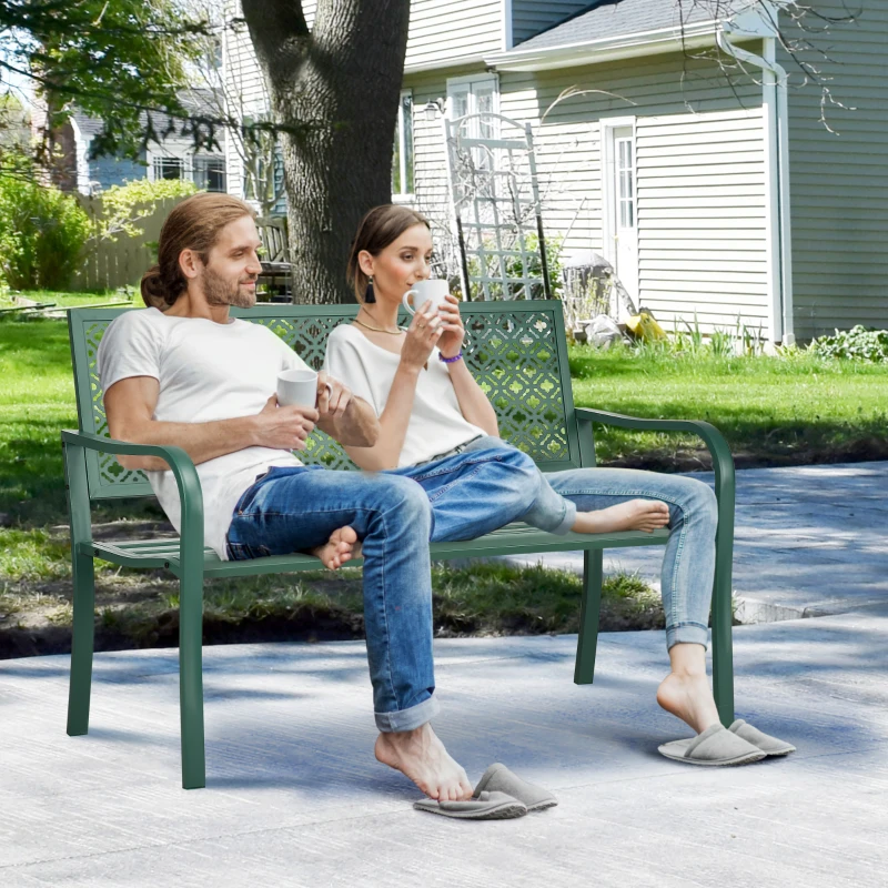 Outsunny stalen tuinbank, 2-zits parkbank met rugleuning en armleuning, bank met bloemmotief, voor tuin, balkon, max. 240 kg, donkergroen, 127 x 63 x 83 cm