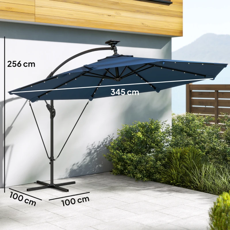 Outsunny Parasol Excéntrico con Luces LED Solares Ø345 cm Sombrilla Jardín de Aluminio con Base Cruzada Manivela Funda Azul