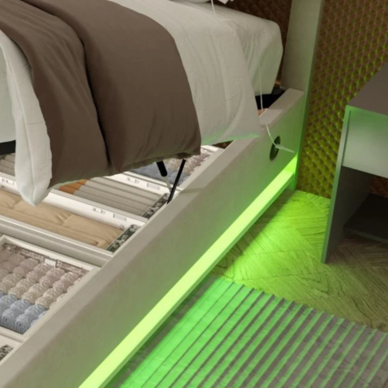 Lit rembourré en velours avec tête de lit réglable en hauteur, éclairage LED et système de levage hydraulique, sans matelas, 140x200 cm, Beige