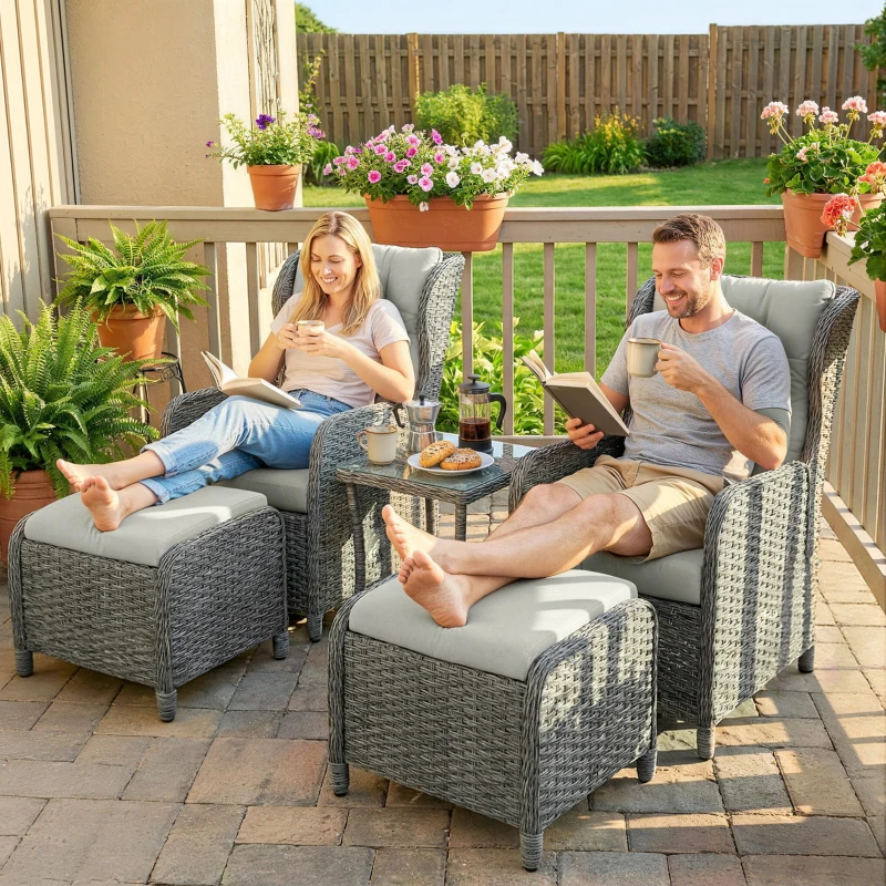 Outsunny 5 Piece Garden Furniture Set, Rattan Reclining Garden Chair Set of 2 with Footstool and Cushion for Balcony, Cream