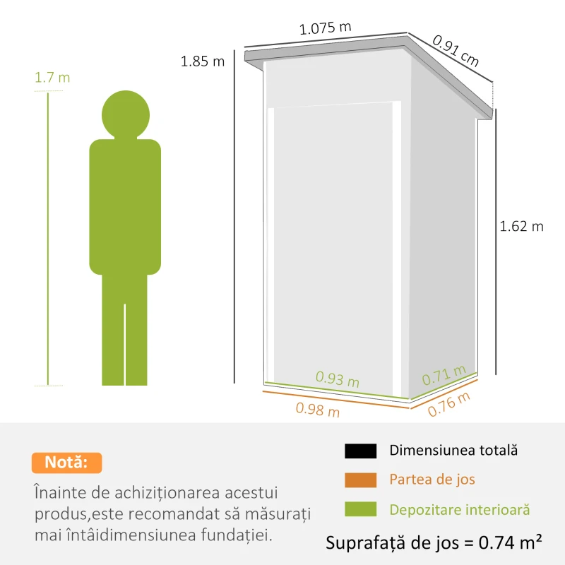 Outsunny Magazie de Grădină 0,74m² din Oțel Galvanizat cu Guri de Aerisire, Magazie cu Ușă Blocabilă, Acoperiș Înclinat, Mănuși, Depozitare Unelte, 107,5x91x185 cm, Gri Închis