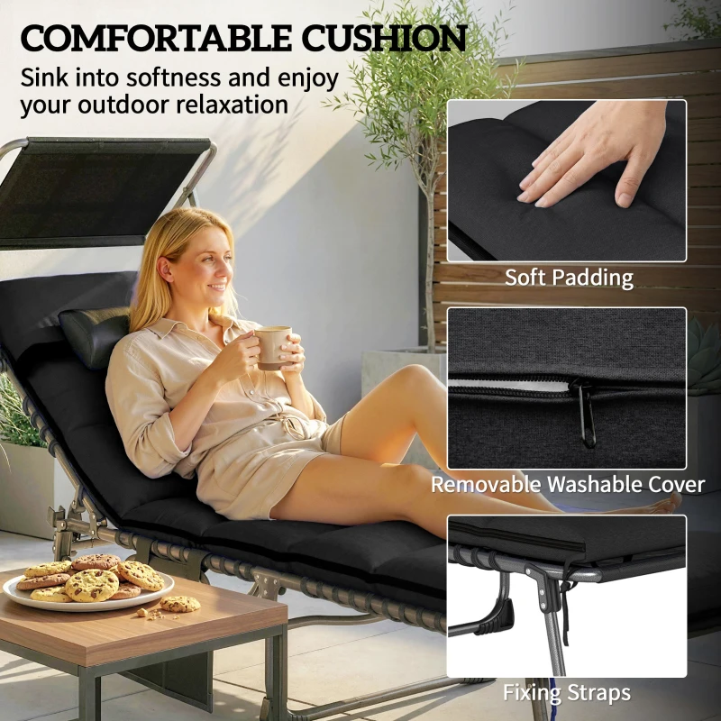 Outsunny Folding Sun Loungers Set of 2 with Canopy, Reclining Sunbed with Cushion, Side Pocket, Carrying Handle, Black