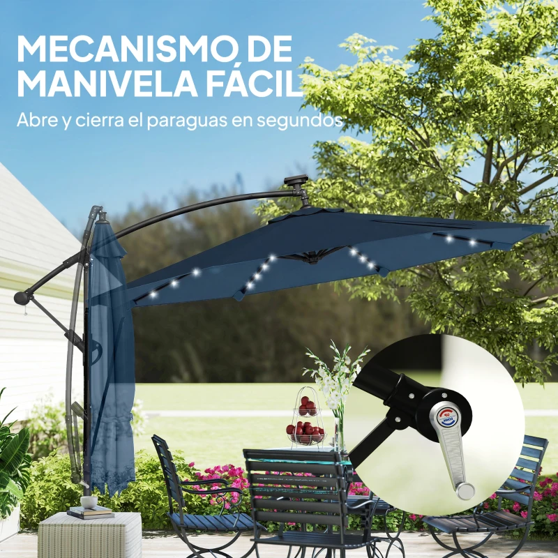 Outsunny Parasol Excéntrico con Luces LED Solares Ø345 cm Sombrilla Jardín de Aluminio con Base Cruzada Manivela Funda Azul