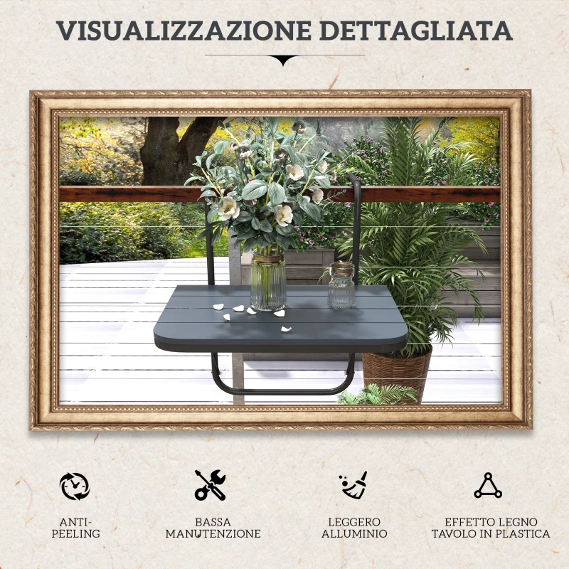 Outsunny Tavolino da Balcone Pieghevole e Regolabile, in Alluminio e Legno Composito, 60x40x55-64 cm, Nero