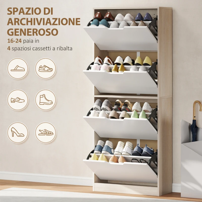 HOMCOM Scarpiera Salvaspazio Slim a 4 Cassetti per 20 Paia di Scarpe 62.5x26x156 cm, color Legno e Bianco