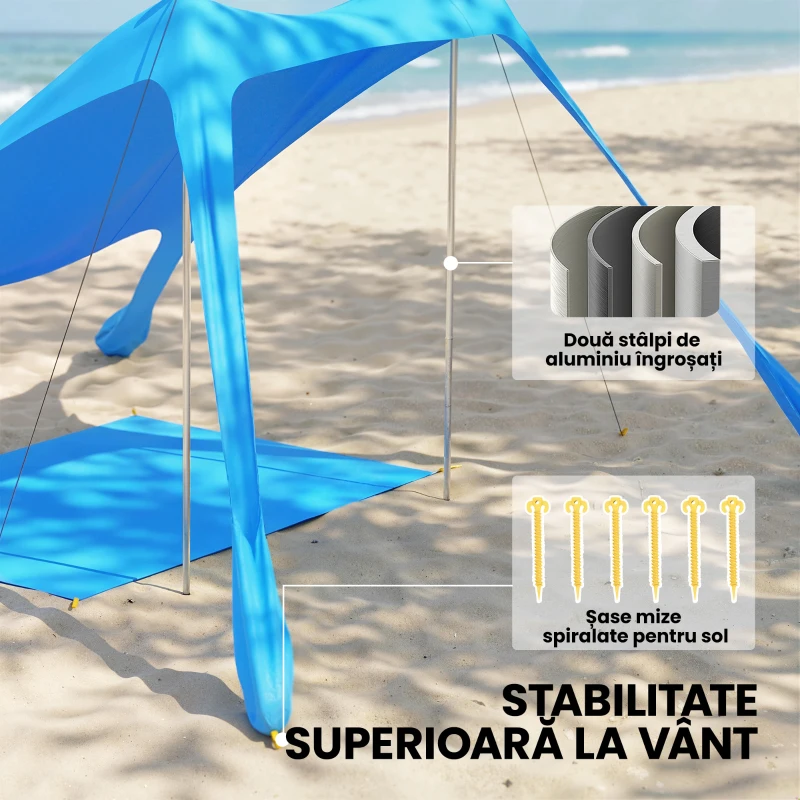 Outsunny Cort de Plajă pentru 2-4 Persoane, Saltea, Lopată, Protecție Solară UPF50+, Albastru