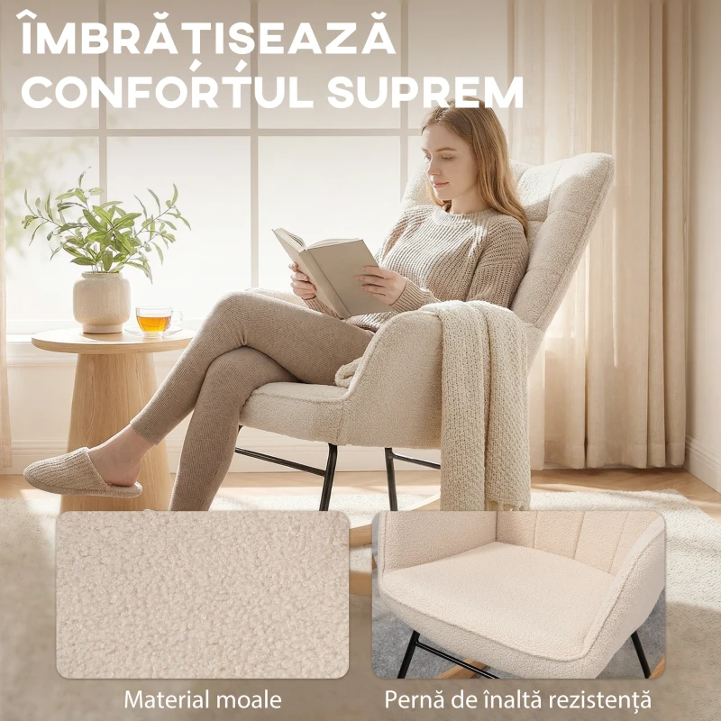 HOMCOM Fotoliu Balansoar Tapițat din Lemn și Oțel pentru Living și Dormitor, 71x98x101 cm, Bej