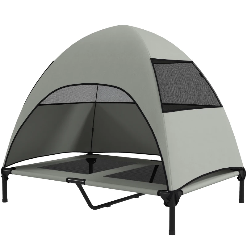 PawHut Elevated Dog Bed with Removable Canopy, Pet Bed with Storage Bag for Indoor Outdoor, for Large Dogs, 106 x 76 x 99 cm, Light Grey