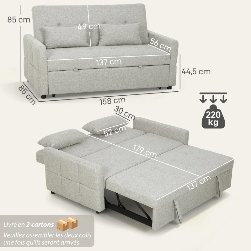 HOMCOM Canapé convertible 2 places 3 en 1, canapé-lit clic-clac, lit gigogne, dossier réglable, 158x85x85cm, marron clair(m-3)