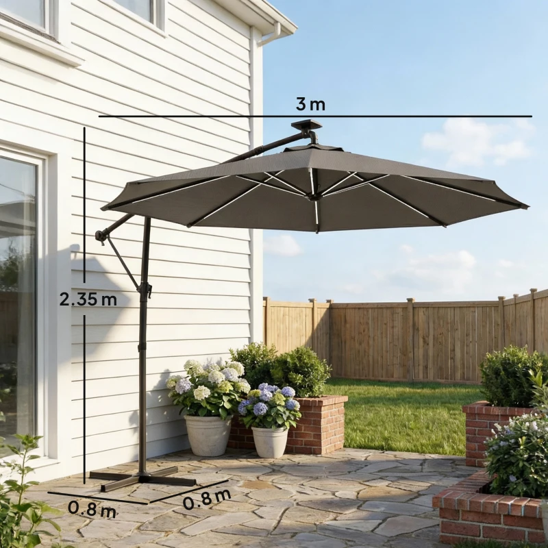 Outsunny 3 m Garden Cantilever Parasol with LED Solar Light, Round Overhanging Umbrella with 360° Rotation, Cover, Grey