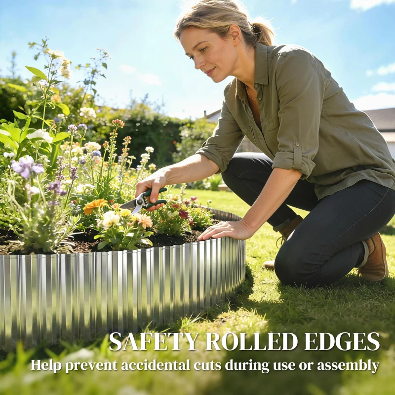 Outsunny Metal Garden Edging Border, 8 in x 21.3 ft Corrugated Heavy Duty Galvanised Steel Lawn Edging, Silver Tone