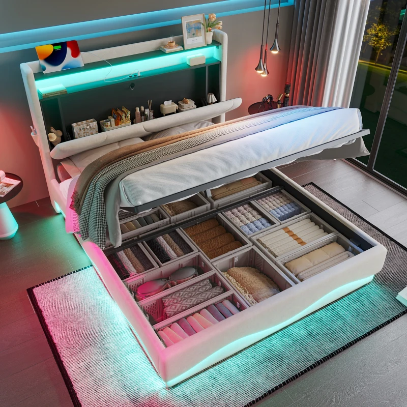 Lit rembourré avec tête de lit LED et rangement, sommier à lattes avec vérins à gaz, sans matelas, 140x200 cm, Beige