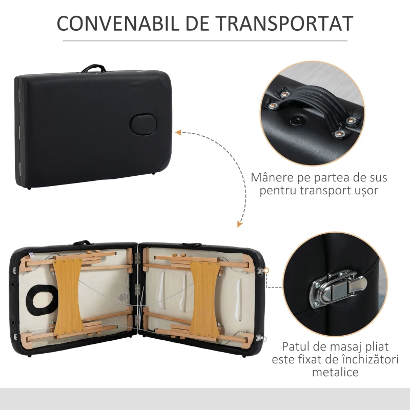 HOMCOM Pat de Masaj Pliabil Profesional, cu Înălțime Reglabilă și Geantă de Transport, Negru