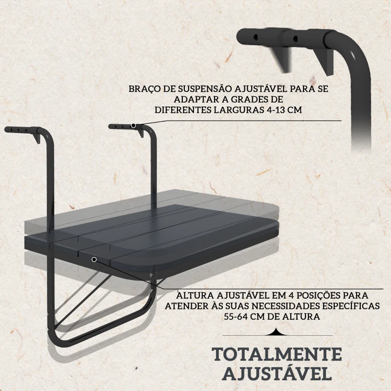 Outsunny Mesa Suspensa para Varanda Dobrável de Alumínio com Altura Ajustável em 4 Níveis Capacidade 25 kg 60x40x55-64 cm Preto