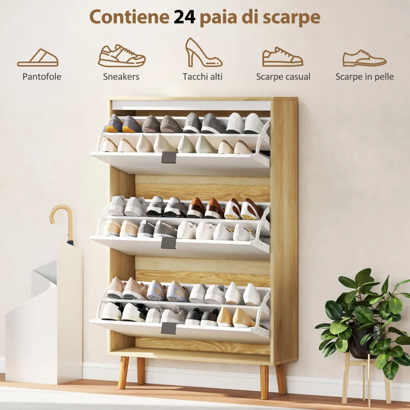 HOMCOM Scarpiera Slim Moderna con 3 Cassetti Ribaltabili per 24 Paia di Scarpe, 80x24x127 cm, Bianco