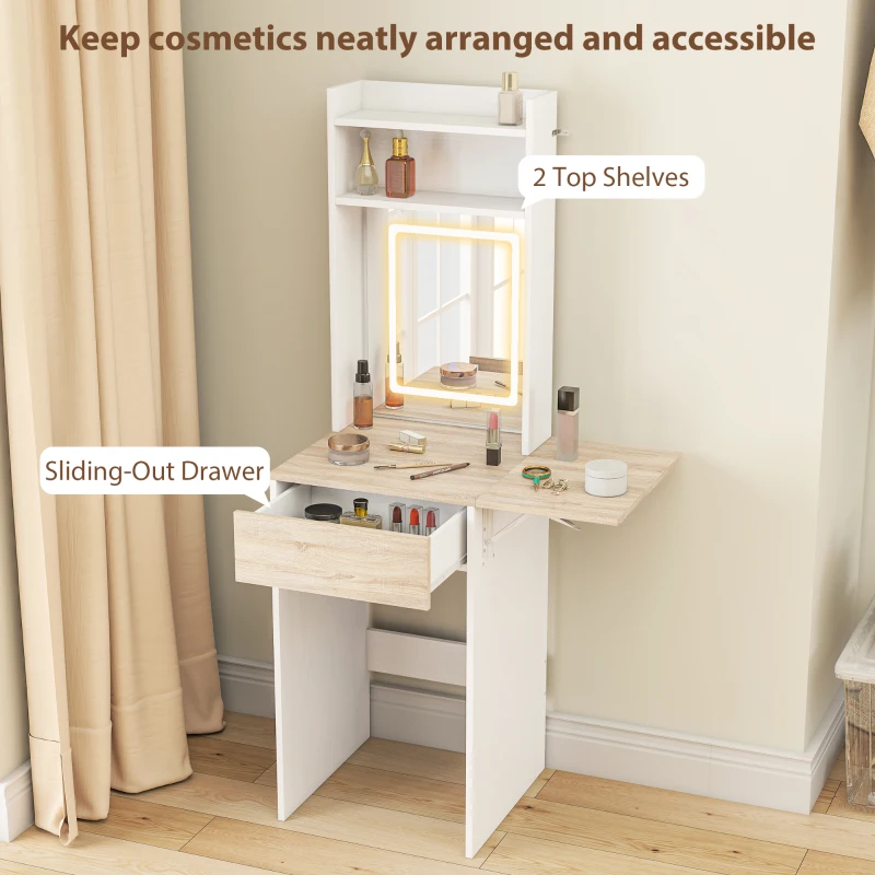 HOMCOM Small Vanity Desk with Mirror and LED Lights, Compact Dressing Table with Drop Leaf, Open Shelves and Drawer, White