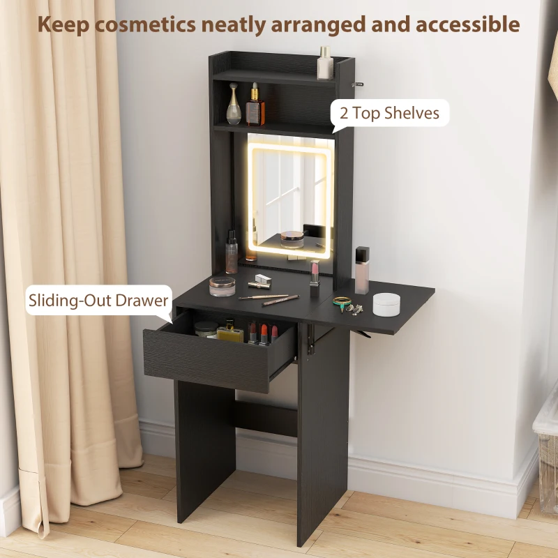 HOMCOM Small Vanity Desk with Mirror and LED Lights, Compact Dressing Table with Drop Leaf, Open Shelves and Drawer, Black