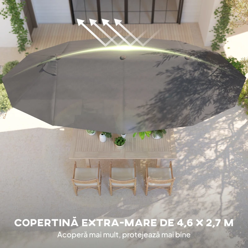 Outsunny Umbrelă Dublă pentru Grădină 455x265x238 cm, Parasolar Mare cu Manivelă Manuală, Rezistentă la Apă, Protecție Solară Gri