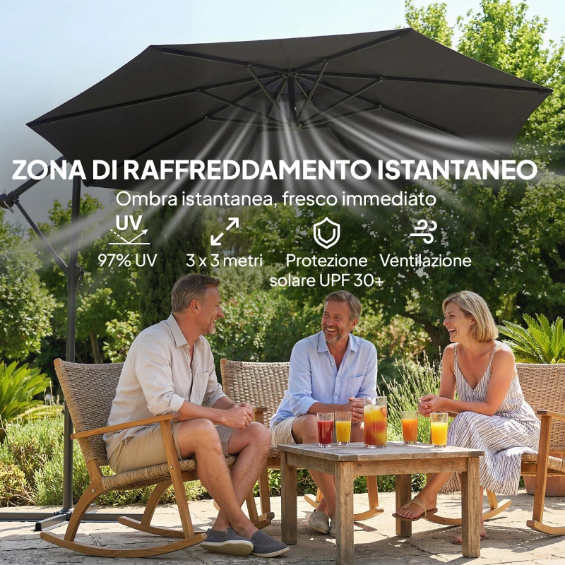 Outsunny Ombrellone da Giardino a Sbalzo Regolabile, 3x3m, Nero