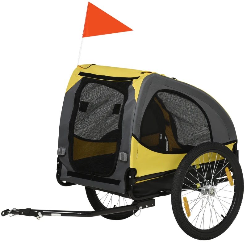 PawHut Remorque de vélo pour chien avec fenêtres en maille réflecteurs et drapeau de sécurité 140 x 71 x 83 cm jaune
